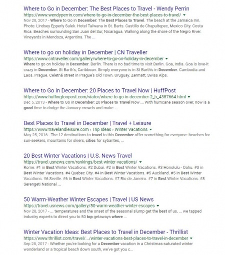 Google search results: December travel